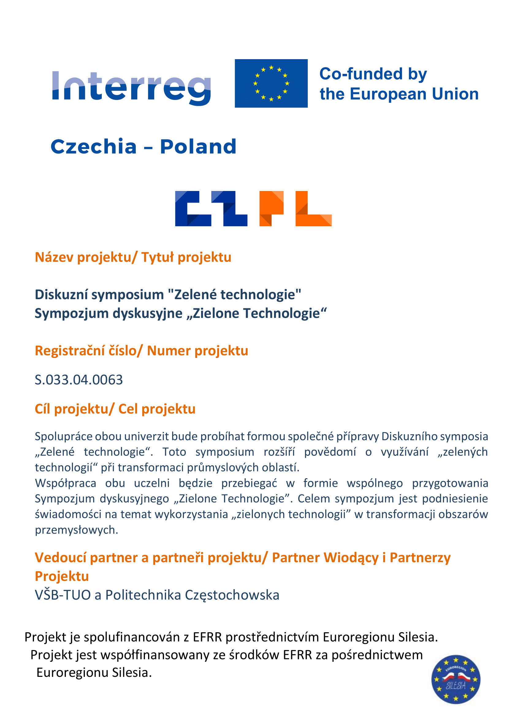 Projekt Interreg CZ-PL Sympozjum dyskusyjne Zielone Technologie plakat