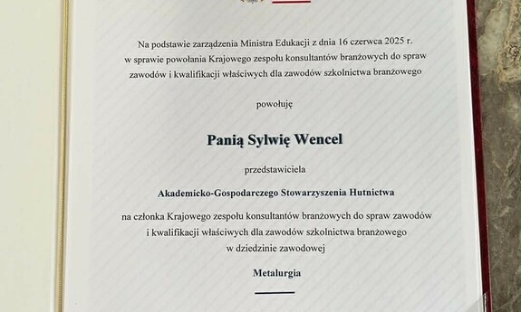Powołanie dr hab. inż. Sylwii Wencel, prof. PCz do Krajowego Zespołu Konsultant&oacute;w Branżowych